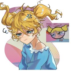 Rule 34 | 1girl, absurdres, anger vein, blonde hair, blue eyes, blue pajamas, bubbles (ppg), buttercup redraw challenge (meme), closed mouth, derivative work, hair between eyes, highres, mato-c, meme, messy hair, multicolored background, multiple views, pajamas, powerpuff girls, single bare shoulder, sleepy, twintails, white background