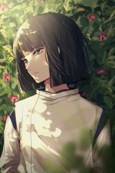 Rule 34 | 1boy, amanoiyo 14, black hair, blue shirt, blunt bangs, blunt ends, blurry, closed mouth, detached sleeves, flower, grass, green eyes, haku (sen to chihiro no kamikakushi), highres, japanese clothes, long sleeves, looking to the side, lying, male focus, on back, outdoors, pink flower, sen to chihiro no kamikakushi, shirt, short hair, solo, sunlight, vest, white vest