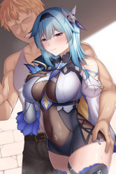Rule 34 | 1boy, 1girl, absurdres, arm behind back, ass grab, bare shoulders, belt, black gloves, black hairband, blue hair, blush, bodystocking, breasts, closed mouth, collarbone, covered erect nipples, covered navel, cowboy shot, eula (genshin impact), genshin impact, gloves, guardian-panda, hair between eyes, hair ornament, hairband, hand on another&#039;s ass, hand on own chest, hetero, highres, large breasts, light brown hair, long sleeves, medium hair, pants, parted lips, purple eyes, shirt, smile, solo focus, tank top, thighhighs, white shirt