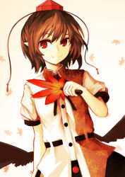 Rule 34 | 1girl, akaiha (akaihagusk), autumn leaves, bad id, bad pixiv id, black skirt, black wings, brown hair, closed mouth, cowboy shot, dress shirt, hat, hauchiwa, leaf, leaf print, looking at viewer, maple leaf, pointy ears, pom pom (clothes), puffy short sleeves, puffy sleeves, red eyes, shameimaru aya, shirt, short hair, short sleeves, skirt, smile, solo, tokin hat, touhou, upper body, white shirt, wings