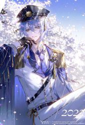 Rule 34 | 1boy, absurdres, belt, black gloves, black hat, blue eyes, blue hair, blurry, blurry background, diffraction spikes, formal, genshin impact, gloves, hair between eyes, hat, highres, jacket, kamisato ayato, knot, long hair, long sleeves, looking at viewer, male focus, military jacket, mole, mole under mouth, pants, smile, solo, sparkle, suit, zhumojian