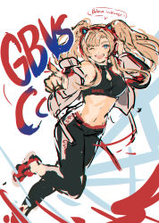 Rule 34 | animal ear hairband, animal ears, black pants, black sports bra, blonde hair, breasts, cat ear hairband, cat ears, fake animal ears, granblue fantasy, hairband, highres, leaning forward, long hair, looking at viewer, medium breasts, navel, open mouth, pants, pointing, pointing at viewer, shimatani azu, shoes, simple background, sketch, smile, sneakers, speech bubble, sports bra, sportswear, standing, twintails, unfinished, zeta (granblue fantasy)