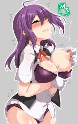 Rule 34 | 1girl, absurdres, ahoge, blush, bra, breasts, breasts out, closed eyes, frown, full-face blush, gloves, hagikaze (kancolle), highres, kantai collection, lactation, large breasts, long hair, nipples, open clothes, open shirt, panties, purple bra, purple hair, purple panties, solo, sweat, tears, underwear, white gloves, yoshi tama
