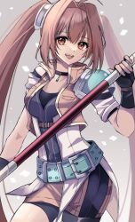 Rule 34 | 1girl, ahoge, antenna hair, bike shorts, black gloves, breasts, brown eyes, brown hair, choker, cropped jacket, double-parted bangs, eiyuu densetsu, estelle bright, fingerless gloves, gloves, grey background, hair between eyes, hajimari no kiseki, holding, holding staff, holding weapon, long hair, looking at viewer, natsusechoco, open mouth, pendant choker, sen no kiseki, sen no kiseki iv, simple background, small breasts, smile, solo, staff, twintails, very long hair, weapon