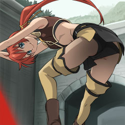 Rule 34 | 00s, 1girl, ass, bent over, black panties, blue eyes, boots, cameltoe, happy, haruyama kazunori, long hair, looking at viewer, looking back, lowres, margot (seiken no blacksmith), orange hair, outdoors, panties, pantyshot, ponytail, seiken no blacksmith, smile, solo, thigh boots, thighhighs, underwear, vest