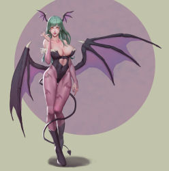 Rule 34 | 1girl, animal print, arm at side, arm up, bare shoulders, bat print, bat wings, black footwear, black leotard, black nails, breasts, breasts apart, cleavage, clothing cutout, covered erect nipples, demon girl, demon tail, eyelashes, fingernails, full body, green background, green hair, head wings, heart, heart cutout, heart tail, highres, jolker, large breasts, leotard, long hair, looking at viewer, low wings, md5 mismatch, morrigan aensland, nail polish, pantyhose, print pantyhose, purple pantyhose, shadow, solo, standing, tail, tongue, tongue out, vampire (game), wings, yellow eyes