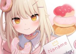 Rule 34 | 1girl, :i, amashiro natsuki, blurry, blurry background, brown eyes, closed mouth, collared shirt, commentary, depth of field, doughnut, dress shirt, eating, english commentary, eyebrows hidden by hair, food, gokigen naname, hair between eyes, hair ornament, hairclip, highres, holding, holding food, hood, hood down, hooded jacket, indie virtual youtuber, jacket, light brown hair, long hair, looking at viewer, one side up, pink jacket, shirt, solo, upper body, virtual youtuber, wavy mouth, white shirt
