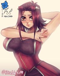 Rule 34 | 1girl, arm behind head, armpits, artist name, blindhunter99, blush, breasts, brown eyes, cleavage, dress, highres, izayoi aki, large breasts, looking at viewer, medium hair, purple nails, red dress, red eyes, red hair, shadow, sleeveless, smile, solo, spread armpit, sweat, yellow background, yu-gi-oh!, yu-gi-oh! 5d&#039;s