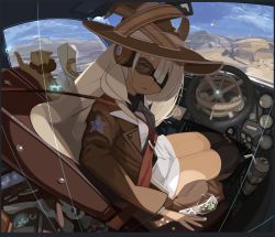Rule 34 | 1girl, animal, black thighhighs, cat, commission, dark-skinned female, dark skin, drinking straw, fantasy, goggles, hair over one eye, hat, jacket, long hair, looking at viewer, original, pixiv commission, shooting star, shorts, sitting, solo, teke (exploration), thighhighs, vehicle interior, white hair