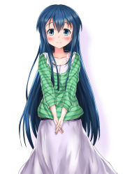Rule 34 | 1girl, blue eyes, blue hair, blush, breasts, casual, cleavage, closed mouth, collarbone, commentary request, cowboy shot, green shirt, hair down, interlocked fingers, kin-iro mosaic, komichi aya, looking at viewer, manti, own hands clasped, own hands together, shirt, sidelocks, skirt, small breasts, smile, solo, standing, striped clothes, striped shirt, two-tone background, white skirt