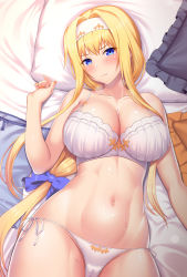 Rule 34 | 1girl, alice zuberg, bed, bed sheet, blonde hair, blue eyes, blue ribbon, blush, bow, bra, breasts, cameltoe, cleavage, cleft of venus, commentary request, curvy, embarrassed, hair bow, hair intakes, hair ribbon, hairband, hand up, highres, kawase seiki, large breasts, long hair, looking at viewer, lying, nail polish, navel, nipples, on back, open mouth, orange nails, panties, pillow, ribbon, shiny skin, shirt, short sleeves, sidelocks, solo, sweat, sword art online, sword art online: alicization, thick thighs, thighs, underwear, very long hair, white hairband, white panties, wide hips