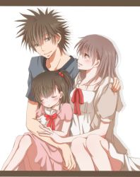 Rule 34 | 1boy, 2girls, aged up, bad id, bad pixiv id, blush, brown hair, couple, eye contact, family, father and daughter, hiro (hirohiro31), if they mated, kamijou touma, letterboxed, looking at another, misaka mikoto, mother and daughter, multiple girls, short hair, simple background, smile, toaru majutsu no index, white background