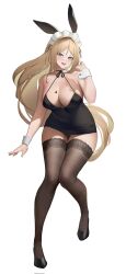 Rule 34 | 1girl, animal ears, bare shoulders, black dress, black footwear, blonde hair, blush, breasts, cleavage, collarbone, detached sleeves, dress, fake animal ears, full body, grey thighhighs, halterneck, heart, highres, large breasts, long hair, looking at viewer, maid headdress, nine (kanine41), open mouth, original, purple eyes, rabbit ears, shoes, short dress, simple background, smile, solo, standing, thighhighs, white background