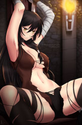 Rule 34 | 1girl, armpits, bandages, black hair, black shorts, breasts, chain, choker, large breasts, lindaroze, long hair, navel, official alternate costume, shorts, solo, spread legs, tales of (series), tales of berseria, thighhighs, torn clothes, torn thighhighs, underboob, velvet crowe, very long hair, yellow eyes