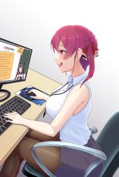 Rule 34 | 2girls, absurdres, bare arms, bare shoulders, black skirt, breasts, brown legwear, chair, computer, dress, drooling, dutch angle, from side, gradient background, grey background, hair ribbon, highres, hololive, hololive english, houshou marine, keyboard (computer), large breasts, leaning forward, miniskirt, monitor, mouse (computer), mousepad (object), multiple girls, neho-kun, ninomae ina&#039;nis, ninomae ina&#039;nis (1st costume), office chair, office lady, open mouth, pantyhose, pencil dress, pencil skirt, pink hair, profile, red eyes, red ribbon, ribbon, saliva, shirt, sitting, skirt, sleeveless, sleeveless shirt, smile, solo focus, swivel chair, teeth, twintails, upper teeth only, virtual youtuber, white shirt