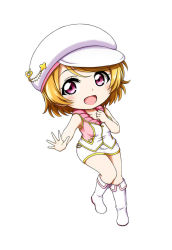 Rule 34 | 1girl, :d, bare arms, bare shoulders, blush, boots, cabbie hat, chibi, collarbone, full body, hat, heart, highres, jacket, knee boots, koizumi hanayo, kuena, looking at viewer, love live!, love live! school idol project, love marginal, open mouth, orange hair, printemps (love live!), purple eyes, simple background, skirt, sleeveless, sleeveless jacket, smile, solo, white background, white footwear, white hat, white jacket, white skirt