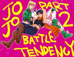 Rule 34 | 2boys, abs, bad id, bad pixiv id, bare shoulders, battle tendency, black hair, blonde hair, blue eyes, boots, brown footwear, caesar anthonio zeppeli, copyright name, cropped jacket, feathers, fingerless gloves, gamako, gloves, green eyes, green footwear, green jacket, headband, jacket, jojo no kimyou na bouken, joseph joestar, joseph joestar (young), knee pads, male focus, midriff, multiple boys, one eye closed, pants, pink background, pointing, scarf, shoes, sleeveless, striped clothes, striped scarf, white pants, wink