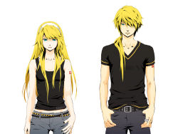 Rule 34 | 1boy, 1girl, alternate hairstyle, aqua eyes, bare shoulders, belt, blonde hair, brother and sister, casual, centrist 8, hairband, kagamine len, kagamine rin, long hair, looking at viewer, nail polish, ponytail, siblings, simple background, tank top, twins, vocaloid