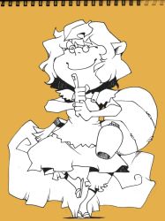 Rule 34 | 1girl, animal ears, bloomers, closed eyes, futatsuiwa mamizou, glasses, gourd, leaf, leaf on head, monochrome, object on head, onikobe rin, own hands together, pince-nez, raccoon ears, raccoon tail, sandals, smile, tail, touhou, underwear, yellow background