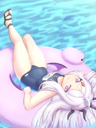 Rule 34 | 1girl, ahoge, blue archive, blue one-piece swimsuit, feet, flat chest, highres, hina (blue archive), hina (swimsuit) (blue archive), innertube, legs, long hair, name tag, one-piece swimsuit, pink eyes, pool, purple eyes, sandals, school swimsuit, solo, swim ring, swimsuit, thighs, toes, translation request, uprightblue, whistle, white hair