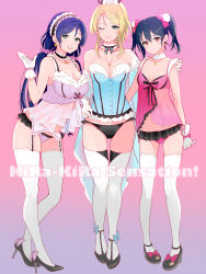 Rule 34 | 3girls, ;), absurdres, adapted costume, ankle strap, arm around shoulder, ayase eli, babydoll, bare shoulders, black footwear, black hair, black panties, blonde hair, blue eyes, bow, breasts, choker, cleavage, earrings, frilled choker, frills, full body, garter straps, gloves, green eyes, hair bow, hand up, high heels, highres, jewelry, kate iwana, kira-kira sensation!, large breasts, long hair, looking at viewer, love live!, love live! school idol project, medium breasts, multiple girls, necklace, one eye closed, panties, pigeon-toed, pink babydoll, pink background, pink bow, pink panties, pink scrunchie, ponytail, purple babydoll, purple hair, purple panties, red eyes, scrunchie, small breasts, smile, song name, standing, thighhighs, tojo nozomi, twintails, underwear, white gloves, white legwear, yazawa nico