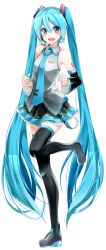 Rule 34 | 1girl, :d, agonasubi, aqua eyes, bare shoulders, black footwear, black skirt, black thighhighs, blue hair, blue nails, blush, boots, detached sleeves, full body, hatsune miku, highres, long hair, md5 mismatch, nail polish, necktie, open mouth, pleated skirt, resolution mismatch, skirt, smile, solo, source smaller, standing, standing on one leg, thigh boots, thighhighs, transparent background, twintails, very long hair, vocaloid, white background, zettai ryouiki