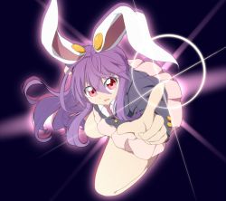 Rule 34 | 1girl, animal ears, black jacket, blazer, bwell, collared shirt, commentary request, full body, glint, jacket, long hair, long sleeves, looking at viewer, necktie, open mouth, pink skirt, pleated skirt, pointing, pointing at viewer, purple hair, rabbit ears, rabbit girl, red eyes, red necktie, reisen udongein inaba, shirt, skirt, solo, thighs, touhou, very long hair, white shirt