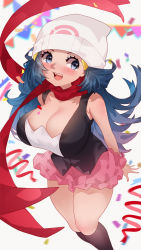 Rule 34 | 1girl, alternate breast size, bare legs, blue eyes, blurry, blurry background, blush, breasts, creatures (company), dawn (pokemon), game freak, hair between eyes, looking at viewer, nintendo, pokemon, pokemon dppt, scarf, shiny skin, simple background, skirt, socks, solo, standing, sumisumii, thighs