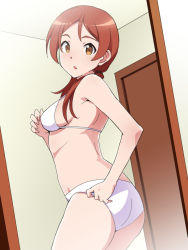 Rule 34 | 10s, 1girl, :o, adjusting clothes, adjusting swimsuit, ass, bad id, bad pixiv id, bikini, breasts, brown eyes, ceiling, corner, demi-chan wa kataritai, door, ears, looking back, low twintails, medium breasts, mirror, open mouth, poncho s, red hair, reflection, shoulder blades, sideboob, small breasts, solo, swimsuit, takanashi himari, thighs, twintails, wall, white bikini