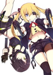 Rule 34 | 2girls, :p, asymmetrical legwear, black jacket, blonde hair, blue eyes, blush, braid, brown eyes, brown legwear, brown shorts, closed mouth, collarbone, commentary request, crop top, dual wielding, girls&#039; frontline, green eyes, gun, hair between eyes, hair over one eye, handgun, holding, holding gun, holding weapon, jacket, mac-10/11, mac-10 (girls&#039; frontline), machine pistol, midriff, multiple girls, name connection, navel, object namesake, open clothes, open jacket, personal defense weapon, pistol, shinopoko, shirt, short shorts, shorts, side braids, sidelocks, simple background, single thighhigh, skorpion (girls&#039; frontline), skorpion vz. 61, smile, stitches, submachine gun, thighhighs, tongue, tongue out, twin braids, twintails, uneven legwear, weapon, white background, yellow shirt