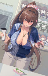 Rule 34 | 1girl, barcode scanner, belt, between breasts, blush, breasts, brown eyes, brown hair, can, cashier, character doll, cleavage, convenience store, counter, employee uniform, flower, food, grey pants, hair flower, hair ornament, high ponytail, highres, himeyamato, holding, holding can, jacket, kantai collection, kongou (kancolle), large breasts, long hair, microwave, no bra, open mouth, pants, partially unzipped, pocky, scrunchie, shelf, shigure (kancolle), shigure kai san (kancolle), shirt, shop, short sleeves, sidelocks, solo, source quote, store clerk, striped clothes, striped shirt, terminator (series), the terminator, uniform, vertical-striped clothes, vertical-striped shirt, white scrunchie, yamato (kancolle), yukikaze (kancolle), yukikaze kai ni (kancolle), yuri