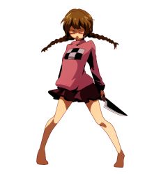 Rule 34 | 1girl, bad id, bad pixiv id, braid, breasts, brown hair, chicago kachou, closed mouth, commentary request, closed eyes, full body, kitchen knife, knife, long hair, madotsuki, pink shirt, purple skirt, shirt, skirt, solo, sweater, twin braids, twintails, yume nikki