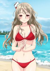 Rule 34 | 1girl, absurdres, beach, bikini, blue sky, breasts, brown eyes, cleavage, cloud, commentary request, day, grey hair, groin, hat, highres, horizon, italian commentary, kantai collection, large breasts, mini hat, nitamako (sakamalh), ocean, outdoors, pola (kancolle), red bikini, sky, solo, swimsuit, thick eyebrows, thigh gap, tilted headwear, waves, wavy hair
