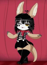 Rule 34 | 1other, animal ears, black hair, black thighhighs, bonbon (derpixon), cosplay, furry, hat, highres, made in abyss, makeup, mime, mime and dash, nanachi (made in abyss), one eye closed, rabbit ears, shirt, short hair, skirt, smugbuns, solo, tail, thighhighs, tongue, tongue out, whiskers, wink, yellow eyes