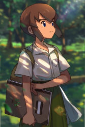 Rule 34 | 1boy, aged down, backpack, bag, blue eyes, blurry, blurry background, breast pocket, brown bag, brown hair, buttons, closed mouth, collared shirt, commentary request, creatures (company), day, game freak, green shorts, high-waist shorts, highres, holding, male focus, mohemohemincho, nintendo, outdoors, pocket, pokemon, pokemon (anime), pokemon (classic anime), pokemon 4ever - celebi: the voice of the forest, samuel oak, shirt, short hair, short sleeves, shorts, sketchbook, smile, solo, tree, white shirt
