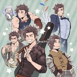 Rule 34 | 2boys, abs, absurdres, alternate costume, armor, bara, beard, biceps, blush, bow, bowtie, brown eyes, brown hair, closed eyes, collage, facial hair, facing viewer, formal, gambling, gloves, granblue fantasy, highres, long sideburns, long sleeves, looking at viewer, looking to the side, male focus, manly, multiple boys, muscular, noa (granblue fantasy), oneirio, open clothes, open mouth, open shirt, partially fingerless gloves, pectoral cleavage, pectorals, rackam (granblue fantasy), sideburns, simple background, sleeves rolled up, smile, star (symbol), stubble, swept bangs, upper body