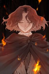 Rule 34 | 1girl, black background, brown cloak, brown hair, cloak, closed eyes, elden ring, embers, expressionless, facial mark, facing viewer, fire, gamejungdok yes, highres, melina (elden ring), short hair, solo, straight-on, upper body