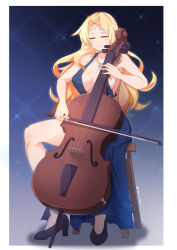 Rule 34 | blonde hair, blue background, bow, breasts, cello, cleavage, commission, dress, evening gown, closed eyes, high heels, instrument, jewelry, large breasts, long hair, music, myumi, necklace, original, playing instrument, sitting, solo, stool