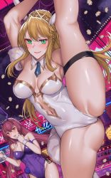 Rule 34 | 2girls, aerobics, animal ears, artoria pendragon (all), artoria pendragon (fate), artoria pendragon (swimsuit ruler) (fate), bare shoulders, blonde hair, blush, braid, breasts, casino, chips (food), cleavage, detached collar, fake animal ears, fate/grand order, fate (series), food, formal, french text, green eyes, hair between eyes, hair ornament, hanada yanochi, highleg, large breasts, leotard, long hair, looking at viewer, multiple girls, necktie, neon lights, official alternate costume, plate, playboy bunny, poker chip, pole dancing, ponytail, purple suit, rabbit ears, red eyes, saber (fate), scathach (fate), scathach (piercing bunny) (fate), smile, suit, thigh strap, tiara, white leotard, wrist cuffs