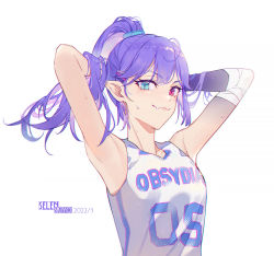 Rule 34 | 1girl, alternate costume, armpits, arms behind head, bandaged arm, bandages, basketball jersey, blue eyes, breasts, chinese commentary, collarbone, dated, fang, fang out, hair behind ear, heterochromia, highres, kistina, medium breasts, nijisanji, nijisanji en, pointy ears, ponytail, purple eyes, purple hair, selen tatsuki, skin fang, smile, solo, virtual youtuber