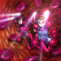 Rule 34 | 3girls, blood, blood cell, fujiwara hisashi, glasses, highres, holographic interface, holographic monitor, lens flare, mini person, minigirl, multiple girls, science fiction, spacesuit, spotlight