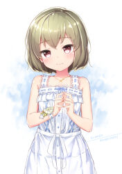 Rule 34 | 1girl, bare shoulders, breasts, character name, collarbone, cowboy shot, double-parted bangs, dress, green hair, idolmaster, idolmaster million live!, idolmaster million live! theater days, jewelry, kuresuku (lessons), lace, lace-trimmed dress, lace trim, looking at viewer, nagayoshi subaru, necklace, own hands together, pure onepiece (idolmaster), red eyes, ribbon-trimmed dress, short hair, shy, sidelocks, simple background, sleeveless, small breasts, solo, standing, straight-on, straight hair, sundress, wrist cuffs