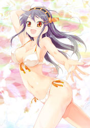 Rule 34 | 10s, 1girl, :d, bare shoulders, bikini, black hair, blush, breasts, cleavage, front-tie top, hairband, haruna (kancolle), headgear, kantai collection, large breasts, long hair, looking at viewer, open mouth, orange eyes, outstretched hand, personification, porurin (do-desho), side-tie bikini bottom, smile, solo, swimsuit, thighs, wet, white bikini