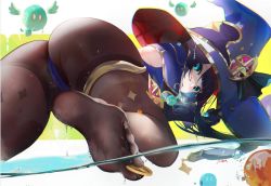 Rule 34 | 1girl, ass, black hair, blue eyes, blue hat, brown pantyhose, cape, coin, detached sleeves, feet, from behind, genshin impact, gloves, gradient background, green background, hair ornament, hat, leotard, long hair, looking back, mona (genshin impact), monster, omone hokoma agm, pantyhose, partially submerged, partially underwater shot, shiny clothes, slime, soles, solo, thighlet, top-down bottom-up, twintails, underwater, very long hair, wet, wet clothes, yellow background