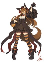 Rule 34 | 1girl, :d, animal ear fluff, animal ears, ankle boots, arm up, artist name, black footwear, black gloves, black hat, black jacket, black skirt, blush, boots, bow, bowtie, breasts, brown hair, buckle, claw pose, collared shirt, corset, cropped jacket, fox ears, fox girl, fox tail, full body, fur-trimmed gloves, fur trim, gloves, hair between eyes, halloween, hat, high-waist skirt, highres, holding, jack-o&#039;-lantern, jacket, lansane, large breasts, legs apart, long hair, long sleeves, looking at viewer, open clothes, open jacket, open mouth, orange eyes, original, pigeon-toed, pumpkin, red bow, red bowtie, shirt, signature, simple background, skirt, smile, solo, standing, striped clothes, striped thighhighs, tail, thighhighs, tsana (lansane), very long hair, white background, white shirt, wide sleeves, wing collar, wolf ears, wolf tail, zettai ryouiki