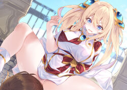 Rule 34 | 1boy, 1girl, accidental pervert, bare legs, blonde hair, blue eyes, blush, breasts, brooch, day, dutch angle, eiyuu shikkakusha no majuu gurume, face in crotch, fal maro, gem, hair ornament, hand up, highres, jewelry, large breasts, long hair, nose blush, novel illustration, official art, open mouth, panties, sidelocks, sitting, sitting on face, sitting on person, spread legs, textless version, thighs, two side up, underwear, upskirt, v-shaped eyebrows