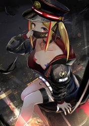 Rule 34 | 1girl, arm support, black collar, black feathers, black hat, black jacket, black ribbon, blonde hair, building, cityscape, collar, collarbone, commentary request, feathers, foot dangle, hair ribbon, hand up, hat, highres, hood, hood down, hooded jacket, jacket, long sleeves, looking at viewer, mask, military hat, mouth mask, multicolored hair, nail polish, night, original, outdoors, pasties, peaked cap, puffy long sleeves, puffy sleeves, red eyes, red hair, red nails, ribbon, sitting, skyscraper, solo, star pasties, streaked hair, tsuseki, twintails