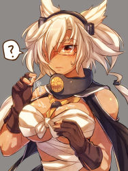 Rule 34 | 10s, 1girl, ?, blonde hair, breasts, budget sarashi, dark-skinned female, dark skin, fingerless gloves, glasses, gloves, hair over one eye, headgear, kantai collection, large breasts, mk, musashi (kancolle), musashi kai (kancolle), personification, pointy hair, red eyes, sarashi, sexually suggestive, short hair, short twintails, solo, twintails