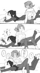 Rule 34 | !, 2girls, 3koma, alternate costume, bare shoulders, book, breasts, breath, casual, comic, eyepatch, closed eyes, hallow (skullgirls), highres, large breasts, monochrome, multiple girls, musical note, ponytail, reading, scar, sitting, sitting on person, skullgirls, smile, sn3bell3suzu3, sweater, valentine (skullgirls)