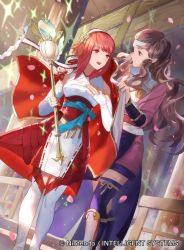 Rule 34 | 2girls, arm guards, armor, blue thighhighs, breastplate, brown eyes, brown hair, cape, commentary request, company connection, copyright name, elbow gloves, fire emblem, fire emblem cipher, fire emblem fates, gloves, hairband, hana (fire emblem), headband, holding, japanese clothes, long hair, long sleeves, mayo (becky2006), multiple girls, nintendo, official art, open mouth, petals, red eyes, red hair, sakura (fire emblem), short hair, skirt, sleeveless, smile, sparkle, staff, thighhighs, zettai ryouiki